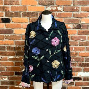 Vintage Rare Black Floral Embroidered LS Top Jacket Size Large